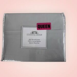Stonehill Manor Light Grey Sateen Sheet Set Queen 400 Thread Count Cotton Luxury